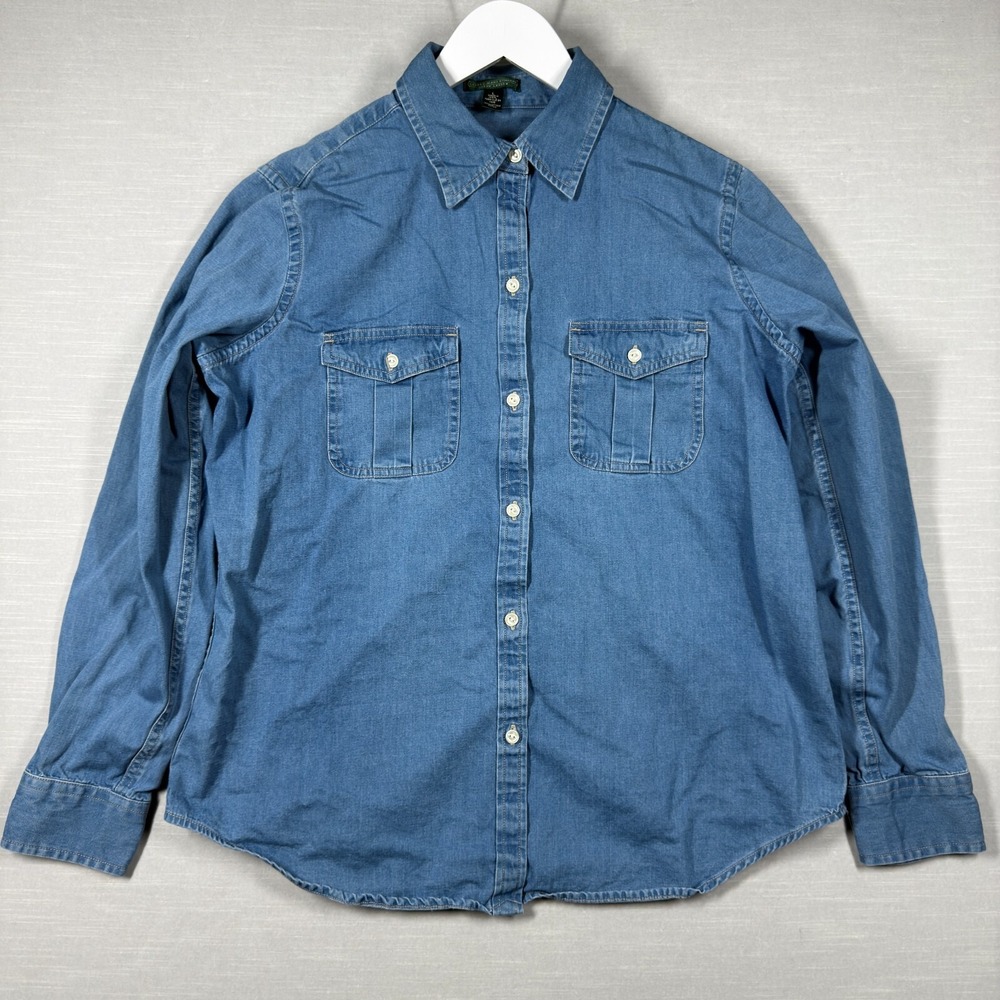 Ralph Lauren Denim Top Womens Large Blue Button Up Jean Canadian‎ Tuxedo 90s
